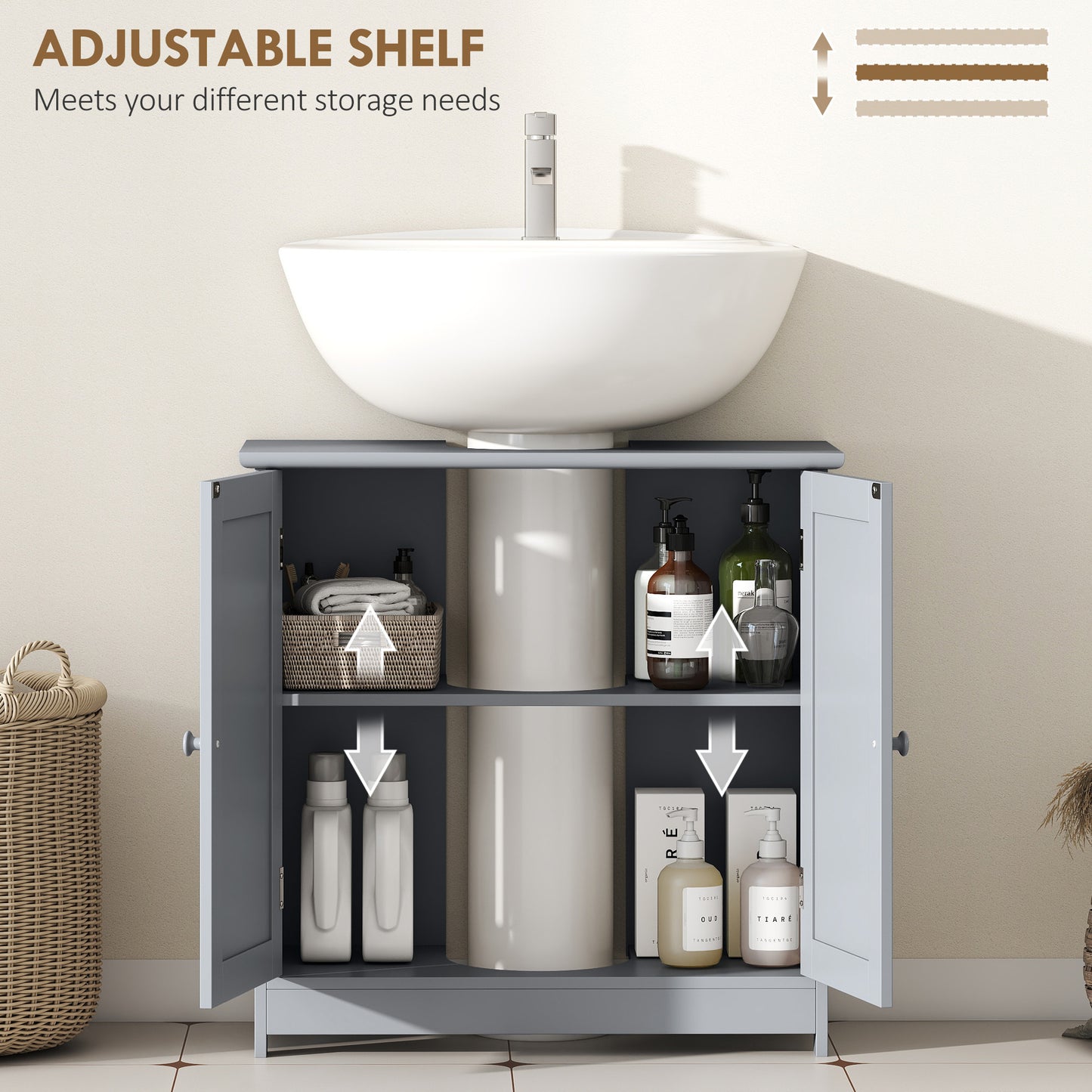 Under Sink Bathroom Cabinet - Gray Pedestal Storage with 2 Doors
