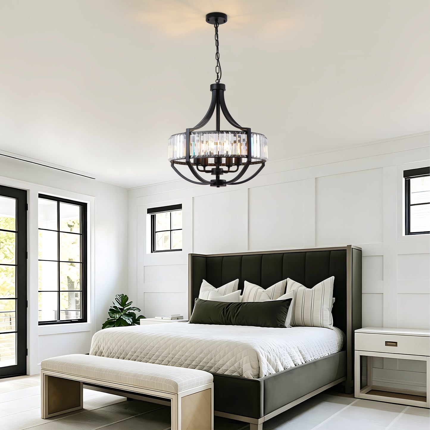 Black Farmhouse Crystal Pendant Chandelier - Modern 5-Light Ceiling Light Fixture