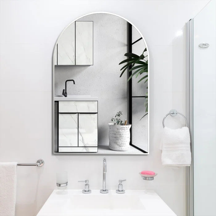 20x30 Inch Silver Metal Framed Arched Bathroom Mirror