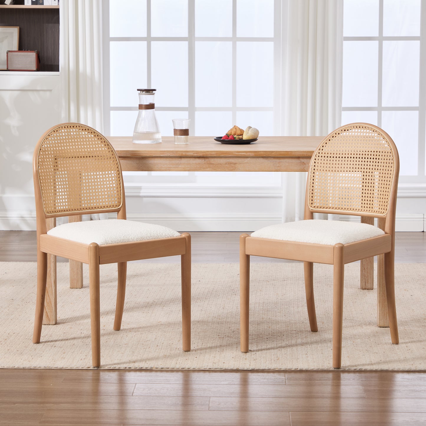 Beige Rattan Dining Chairs Set of 2 - Upholstered Kitchen Seating