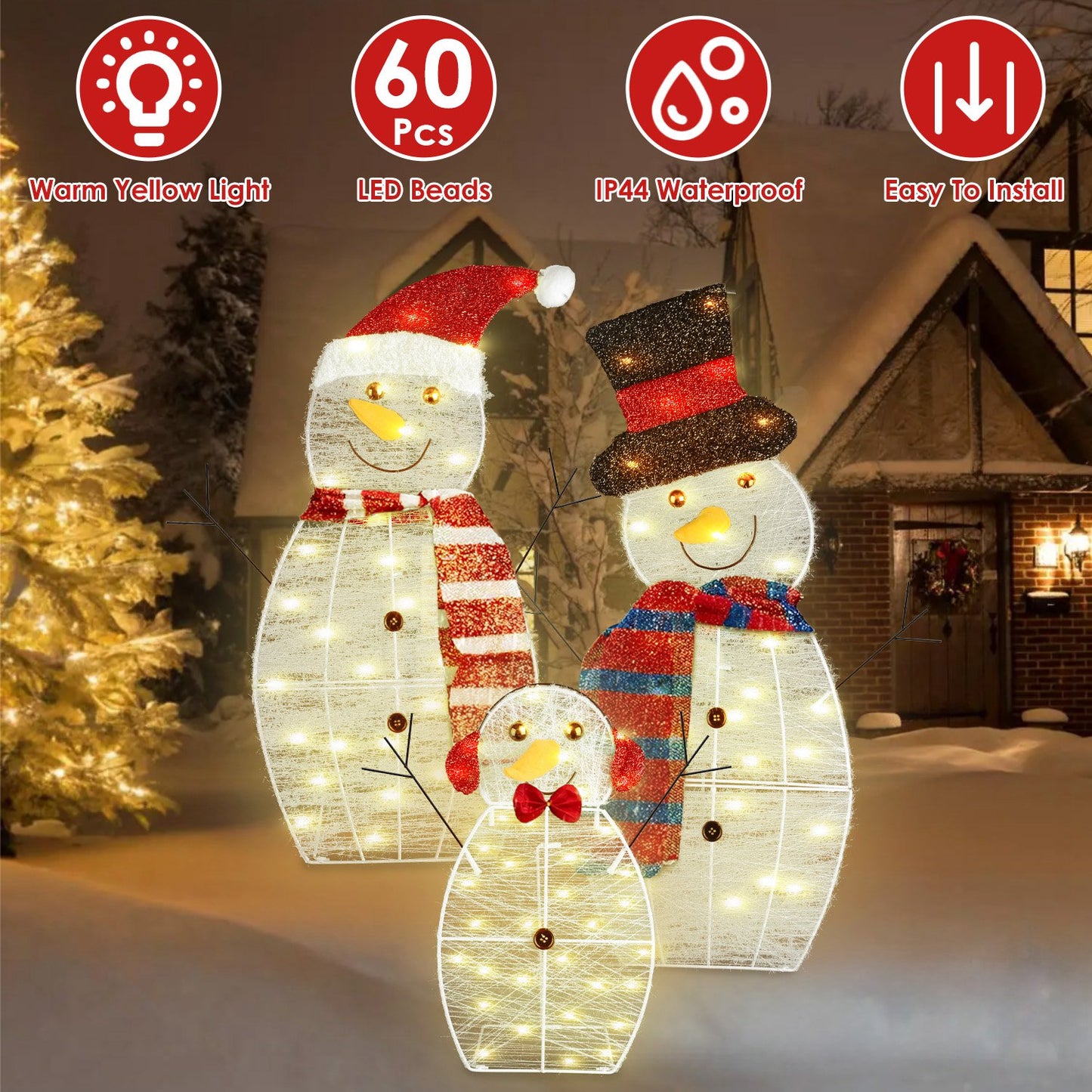 3Pcs Christmas Snowman Family Yard Decoration with LED Lights