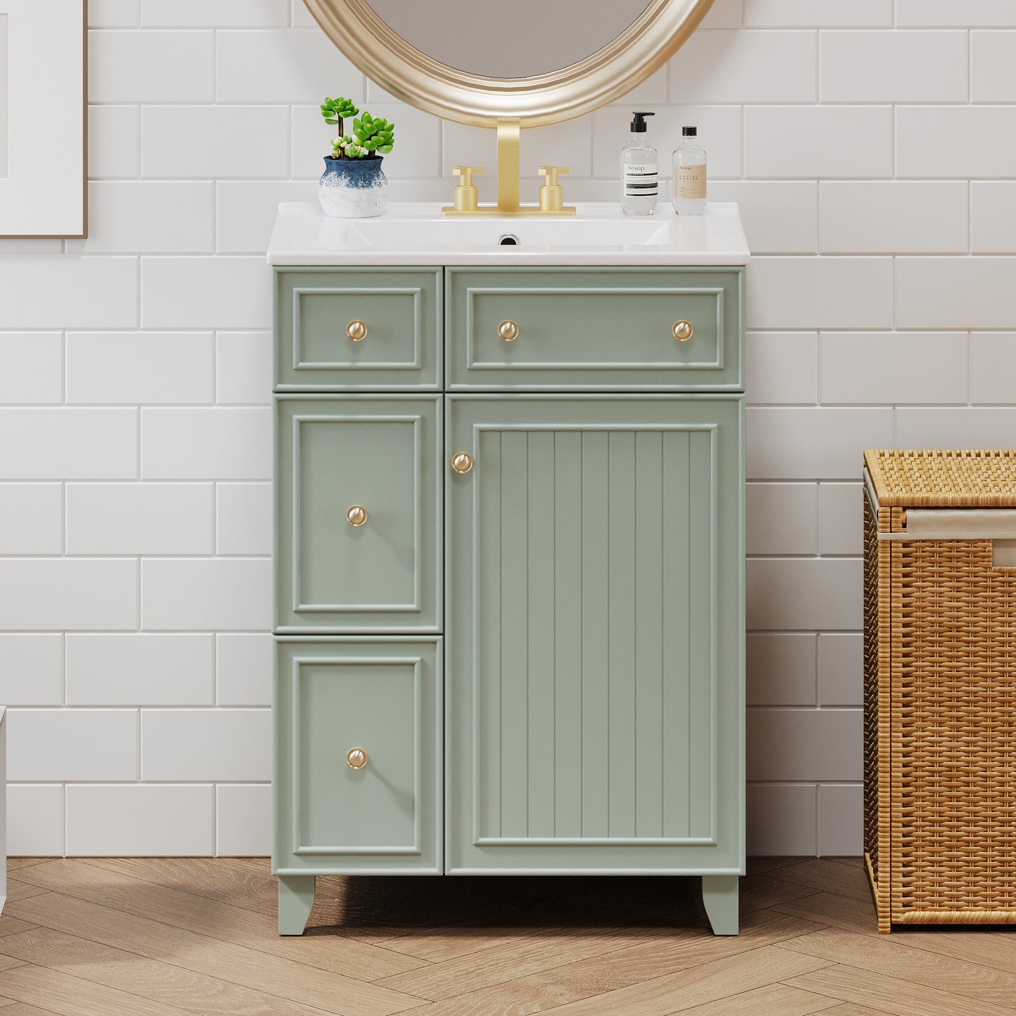 24-Inch Green Bathroom Vanity Cabinet with Ceramic Sink