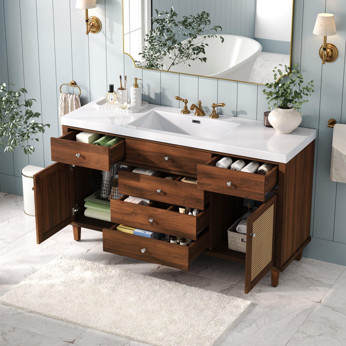 60" Bathroom Vanity with SMC Sink & Rattan Doors - Brown