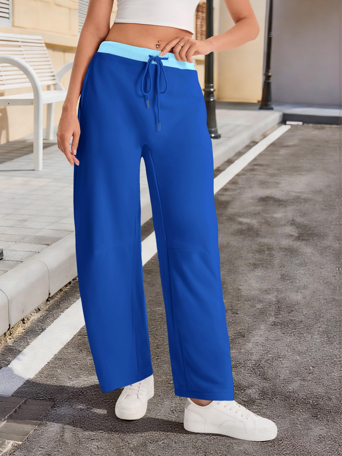 Wide Leg Sweatpants with Drawstring Waist and Pockets - Color Block