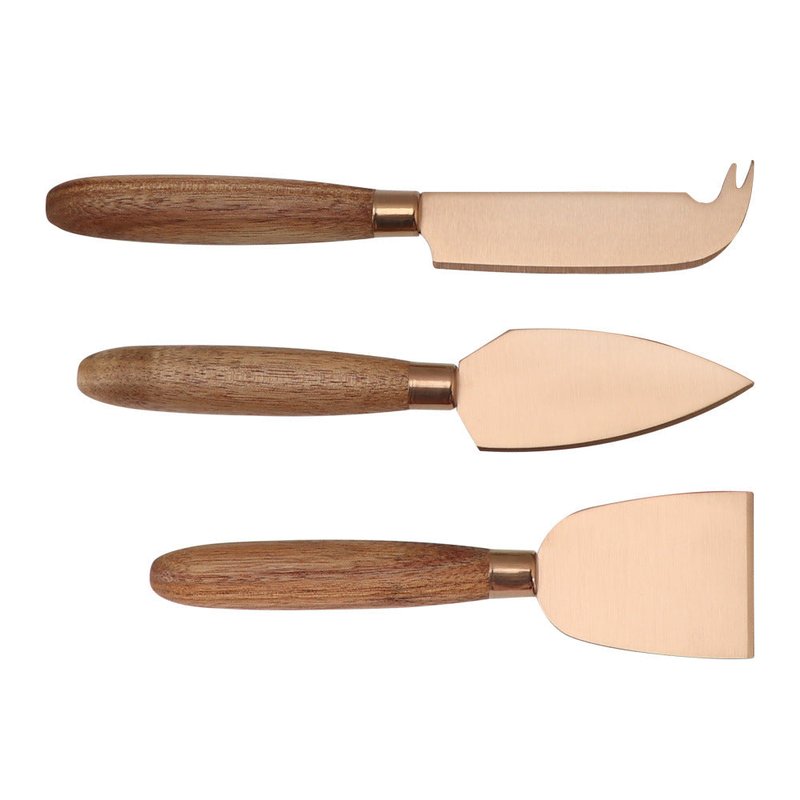 Stainless Steel Cheese Scraper Set with Wooden Handles - Rose Gold, 3 Pieces
