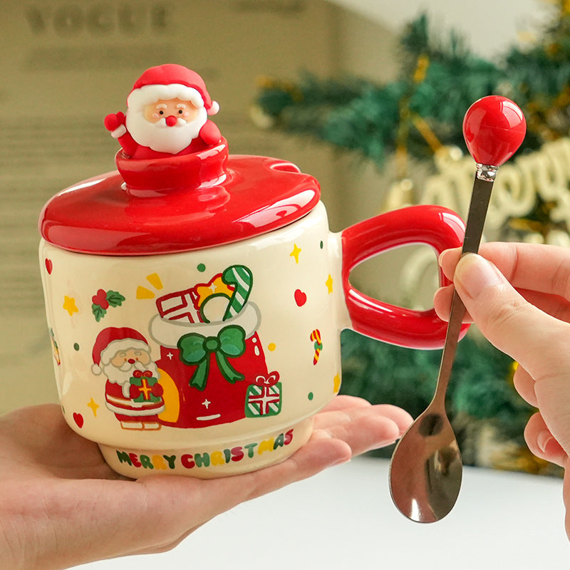 Christmas Ceramic Mug with Lid - Cartoon Holiday Drinkware, 301-400ml
