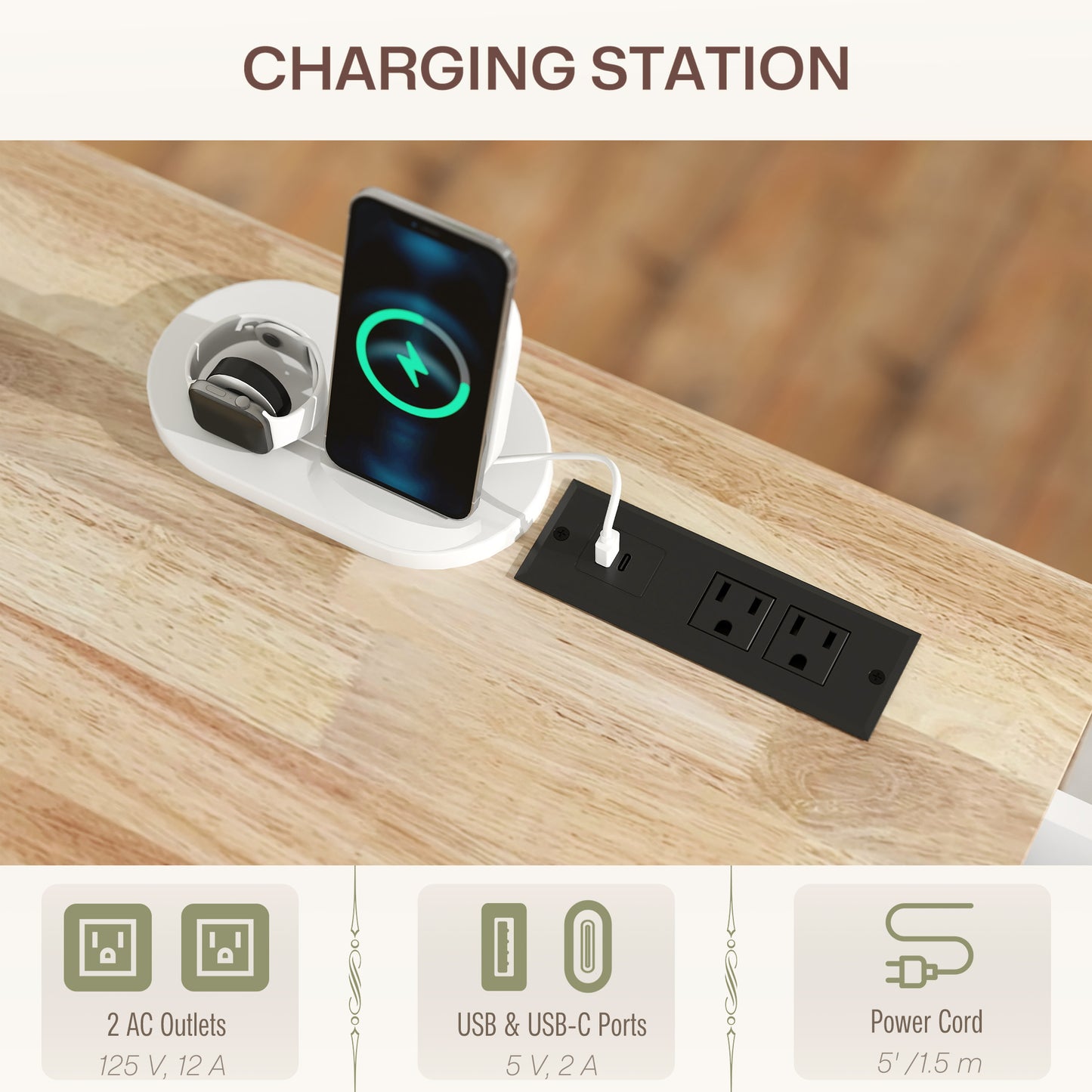 Rolling Kitchen Island with Drop Leaf & Charging Station - White