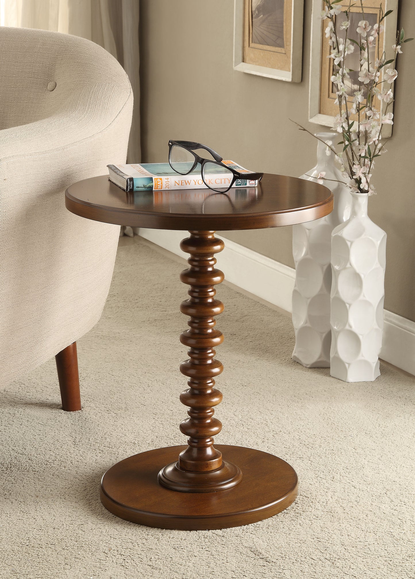 Walnut Finish Round Accent Table with Pedestal Base