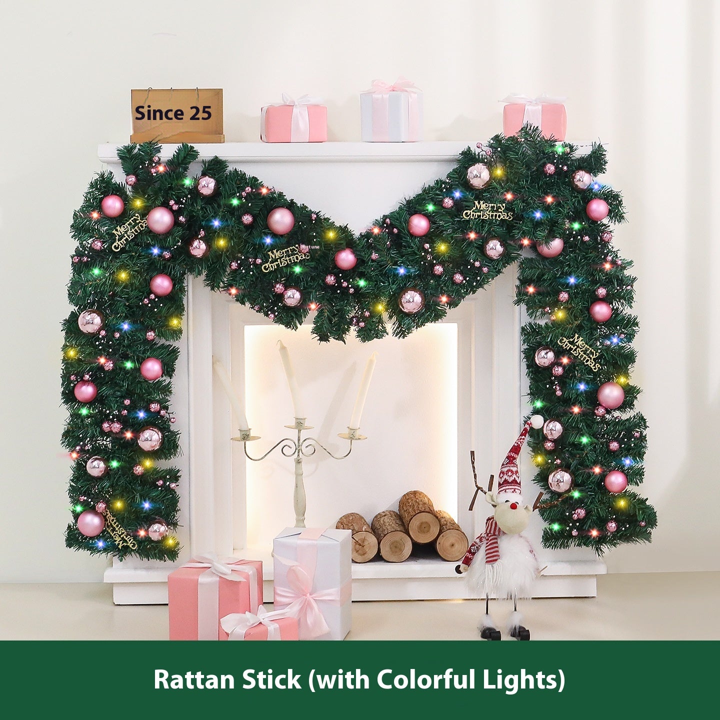 Christmas Rattan Decoration 2.7m with Lights and Wreaths for Festive Home Decor