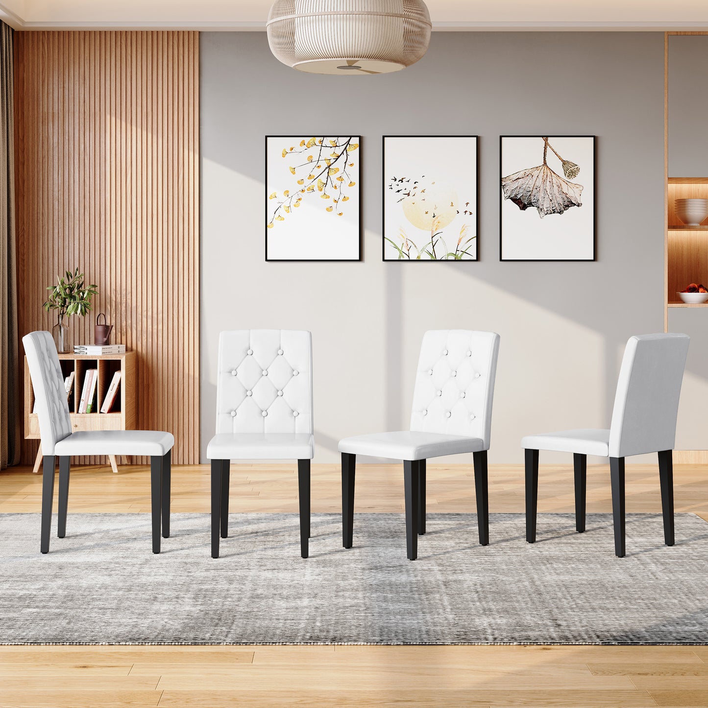 4-pack White PU Dining Chairs Ergonomic Buckle Backrest, 35 Inches