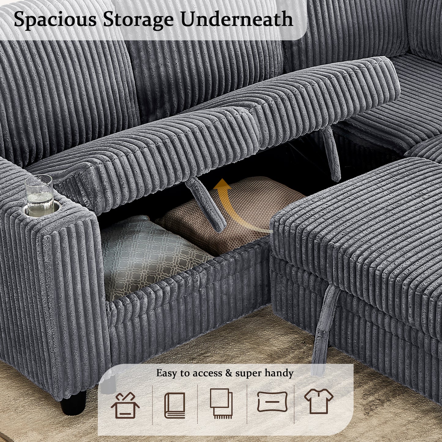 L-Shaped Sectional Sofa Bed with Storage & USB Charging - Grey