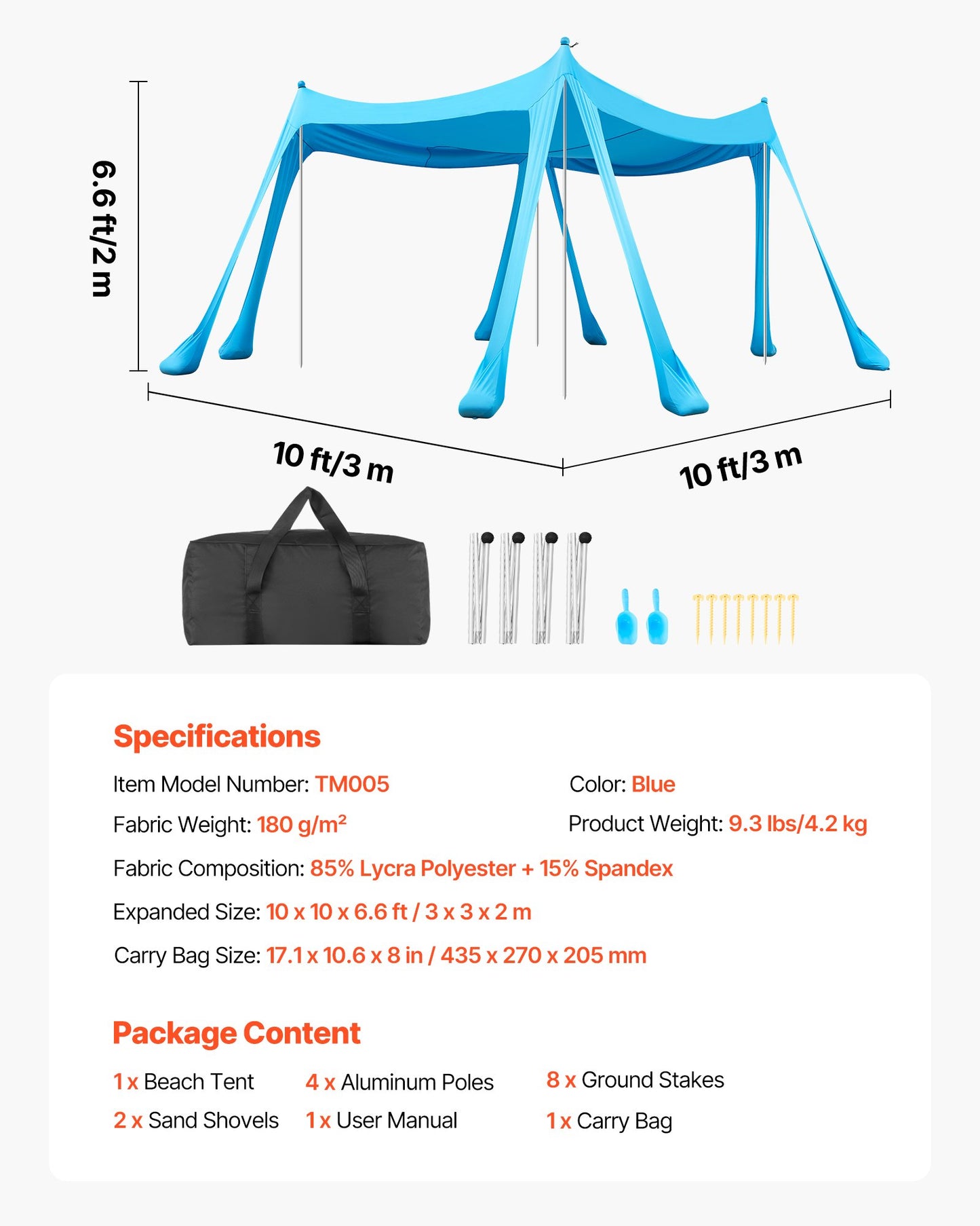 Portable Beach Tent Sun Shelter UPF50+ 10x10 Ft Pop-Up Canopy with Sandbags