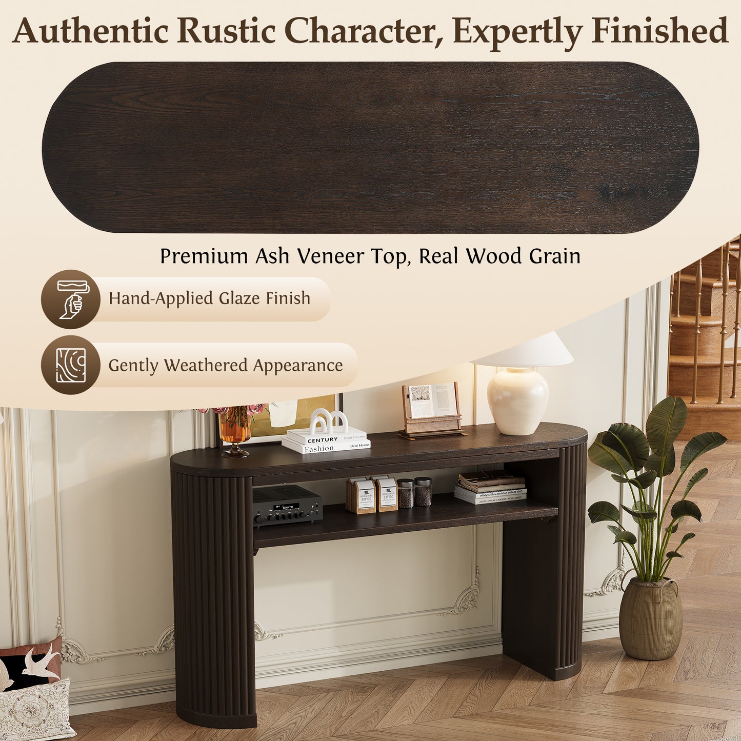Rustic Console Table with Fluted Legs - Vintage Farmhouse Accent Table, Ash Veneer Top, Open Shelf - Espresso