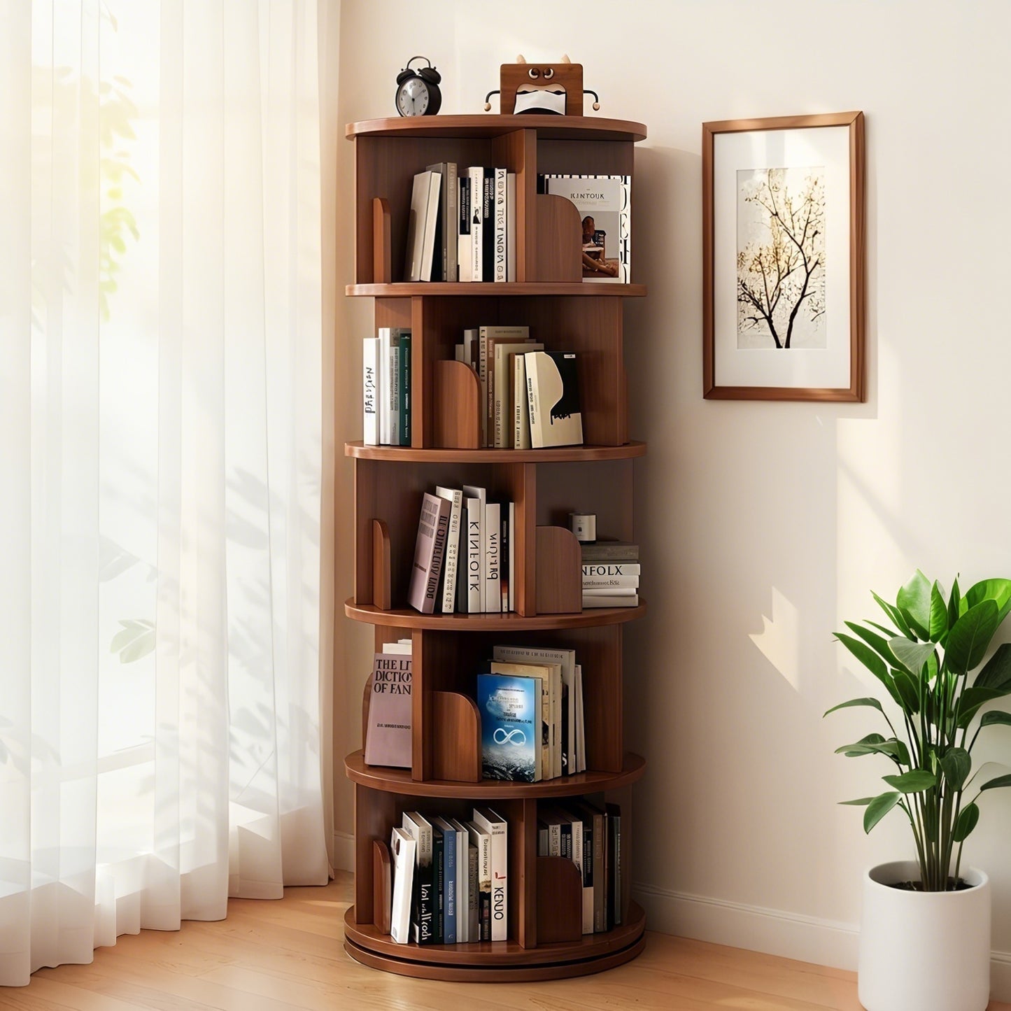 5 Tier Rotating Bookshelf, 360 Display Round Spinning Space-Saving,
