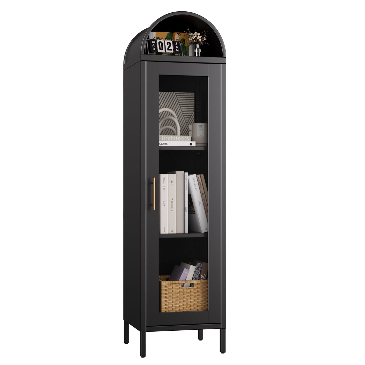 Metal Arched Bookcase Cabinet with Glass Doors - Black
