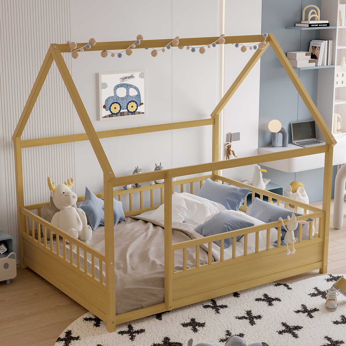 Full Size Wooden Floor Bed with House Roof Frame and Fence Guardrails - Natural