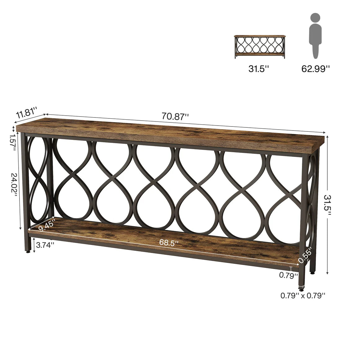 2-Tier Console Table - Rustic Brown & Black Metal Entryway Table