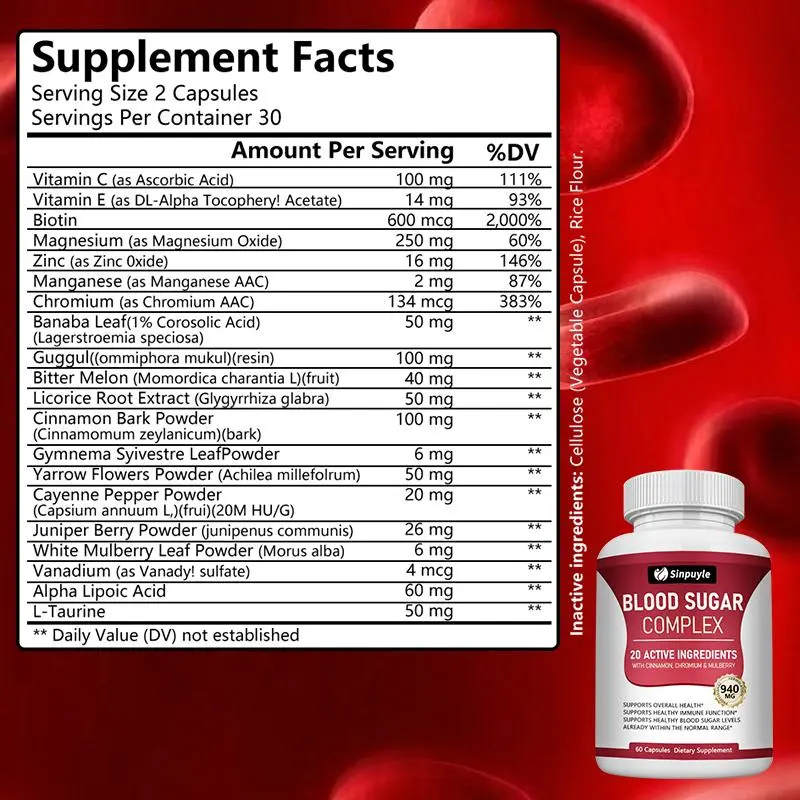 Blood Sugar Complex Supplement - 20 Active Ingredients, 60 Capsules