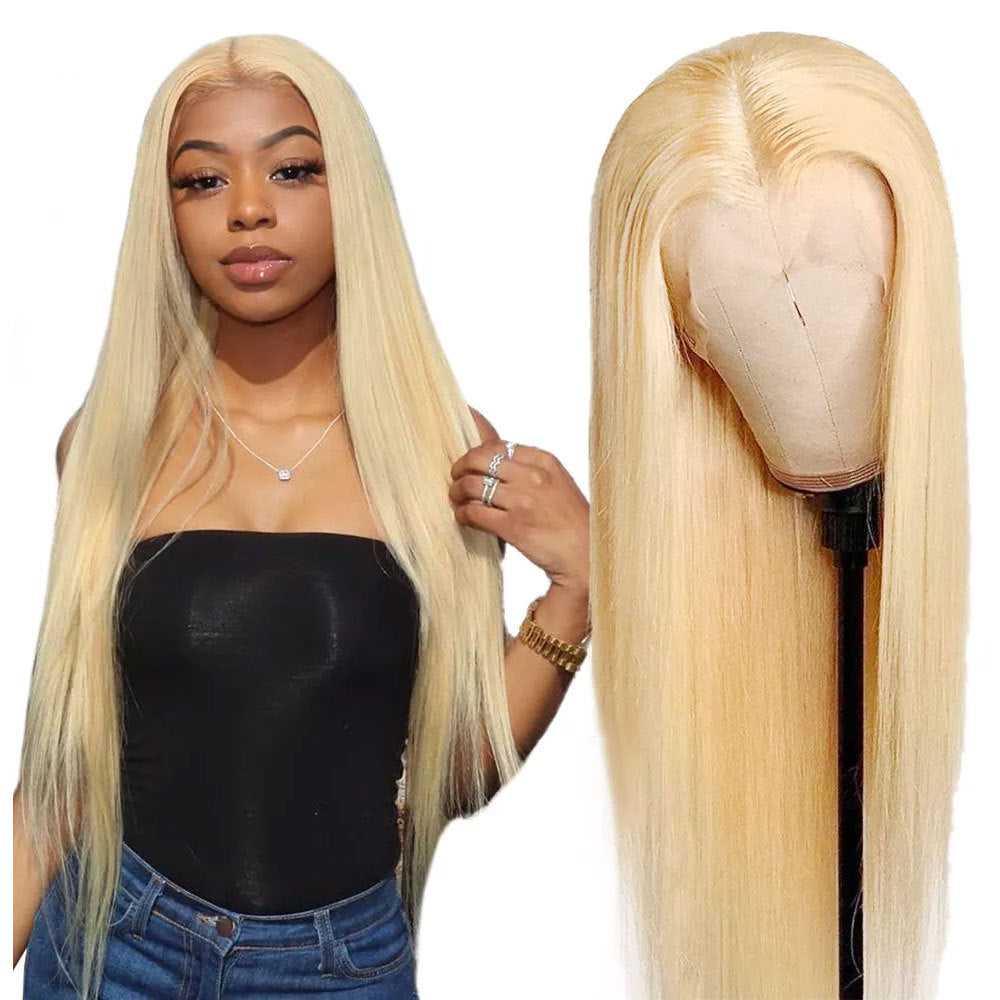Long Straight Synthetic Wig with Lace Front - Gold Color, 65cm