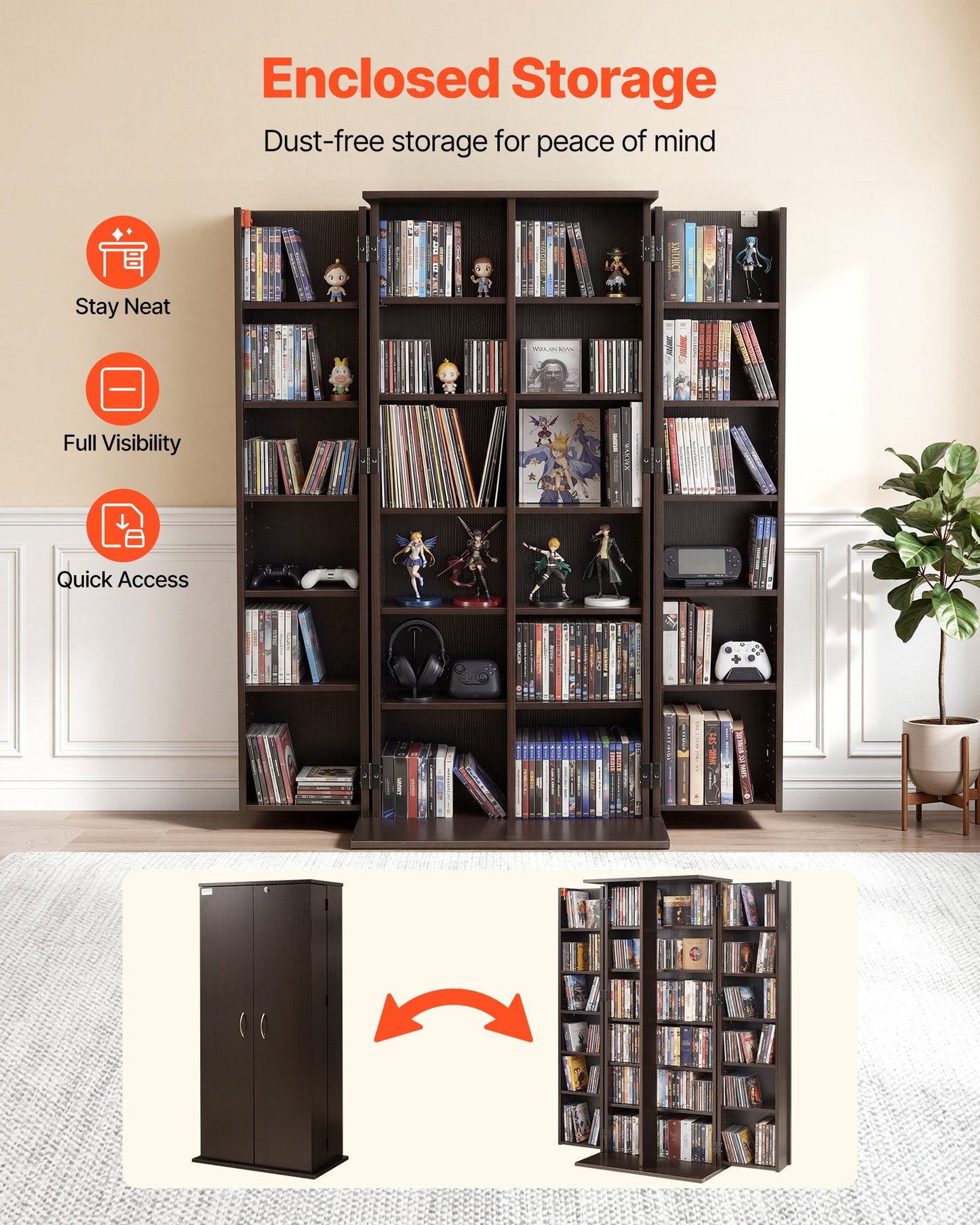 Media Storage Cabinet 6-Tier DVD & CD Organizer with Lock, Brown