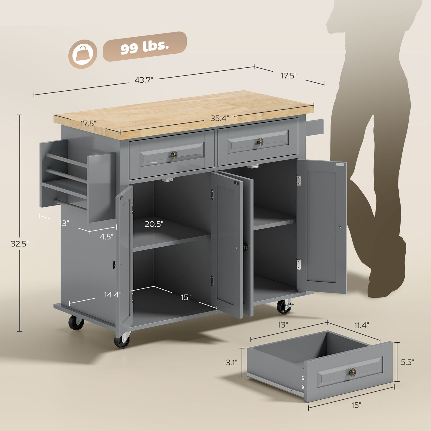 Rolling Kitchen Island Cart with Drawers & Spice Rack - Gray