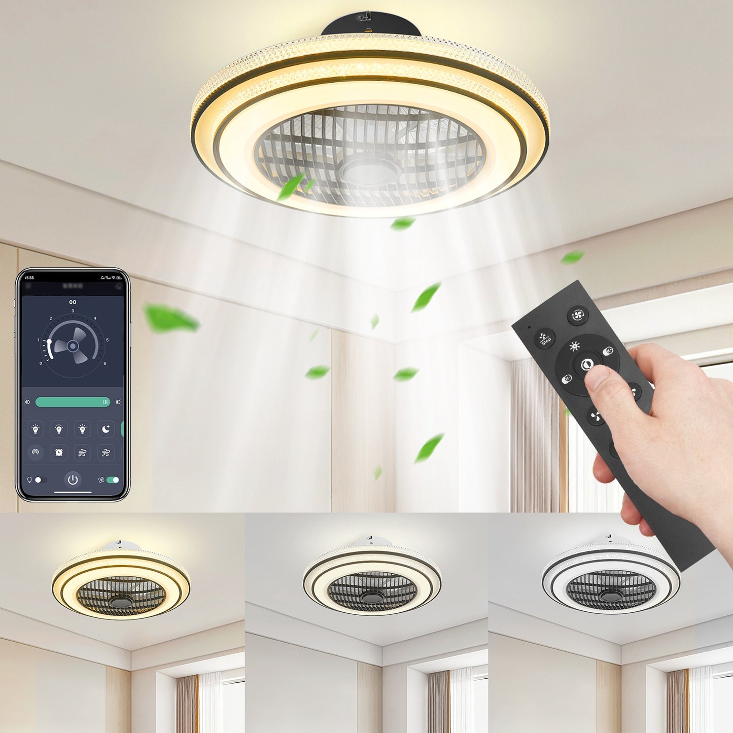 20.5in Ceiling Fan with Light Remote Control & APP, 3-Speed LED Pendant Fan - Black