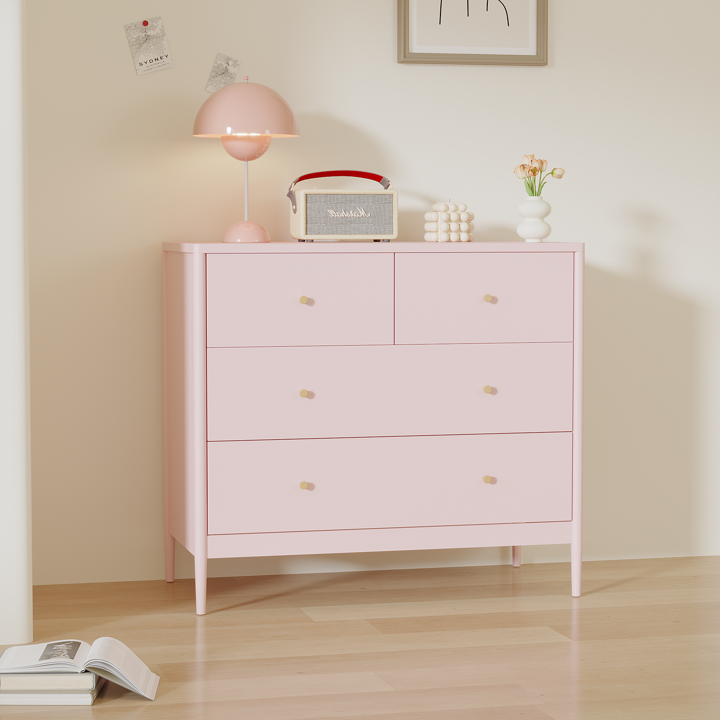 Pink 4-Drawer Wooden Kids Dresser - Modern Storage Cabinet