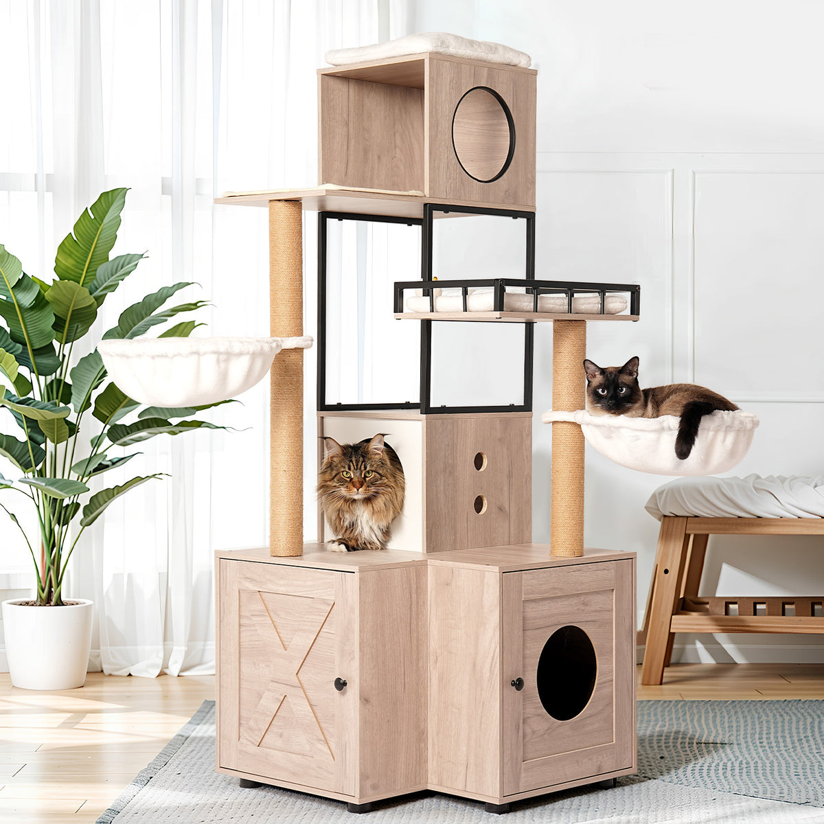 Multi-Functional Cat Tree with Litter Box, Scratching Posts & Washable Cushion - Rustic Gray