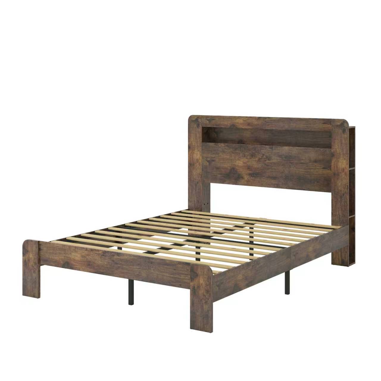 Wood Bed Frame with LED Headboard, USB Ports & Underbed Storage