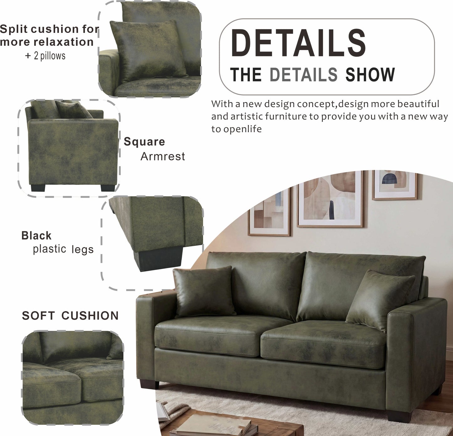 69-Inch Olive Green Two-Seater Loveseat Sofa with Pillows