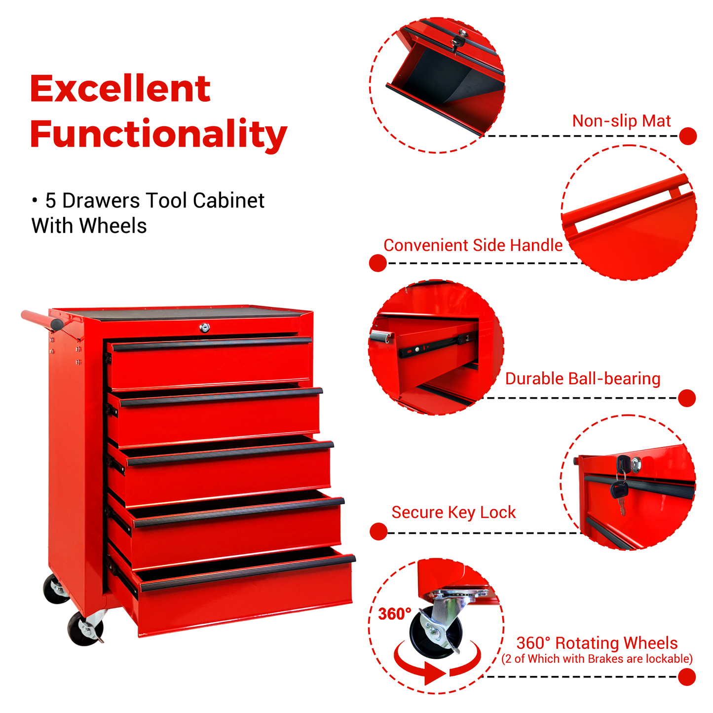 5-Drawer Rolling Tool Chest Steel Storage Cabinet with Ball Bearing Slides - Red