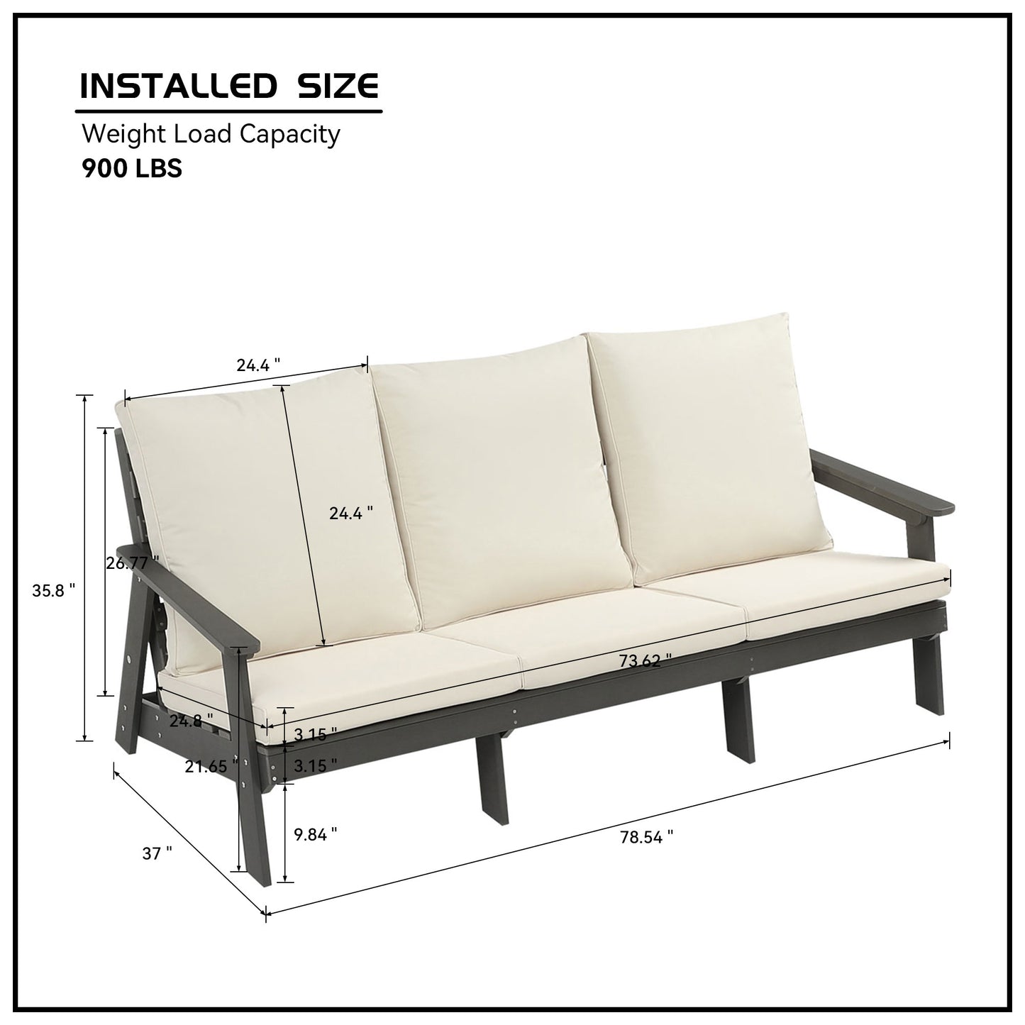 3 Seater Outdoor Sofa with Cushion - Grey Beige Garden Seating