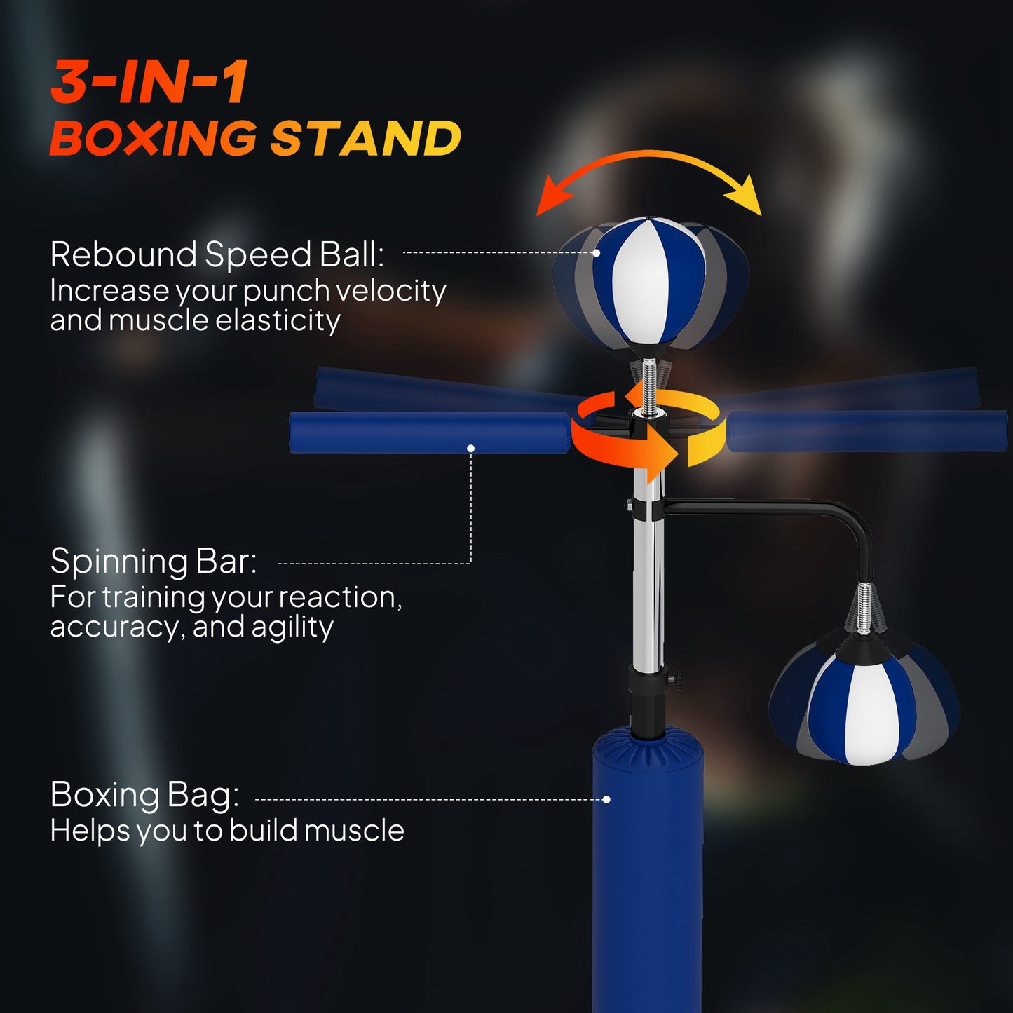 Speed Punching Bag Stand with Reflex Bag - Blue, Adjustable 4.6' to 6.7'