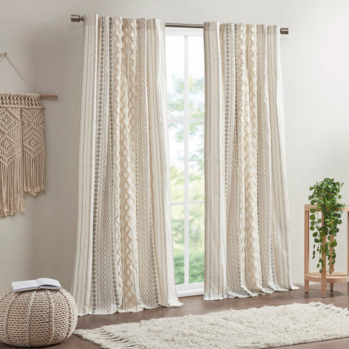 Ivory Cotton Printed Curtain Panel with Chenille Stripe - 50x84