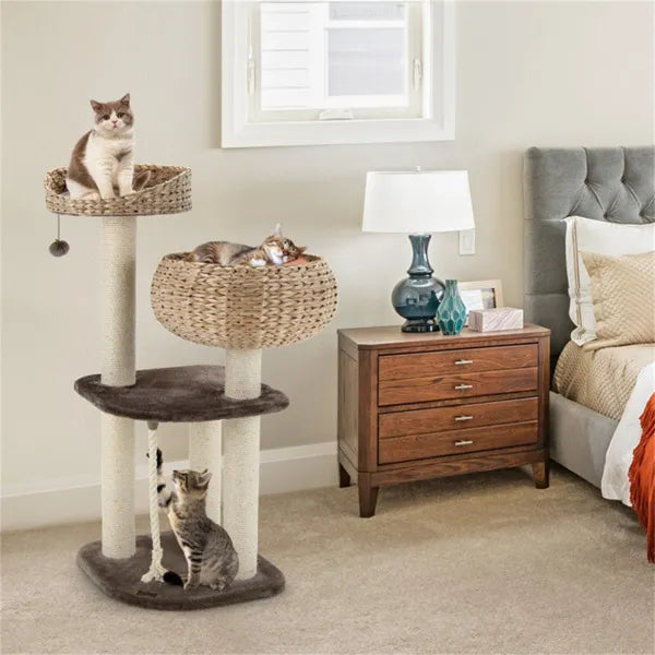 41 Inch Hand-Woven Water Hyacinth Cat Tree with Sisal Posts Multi-Level Activity Center - Brown