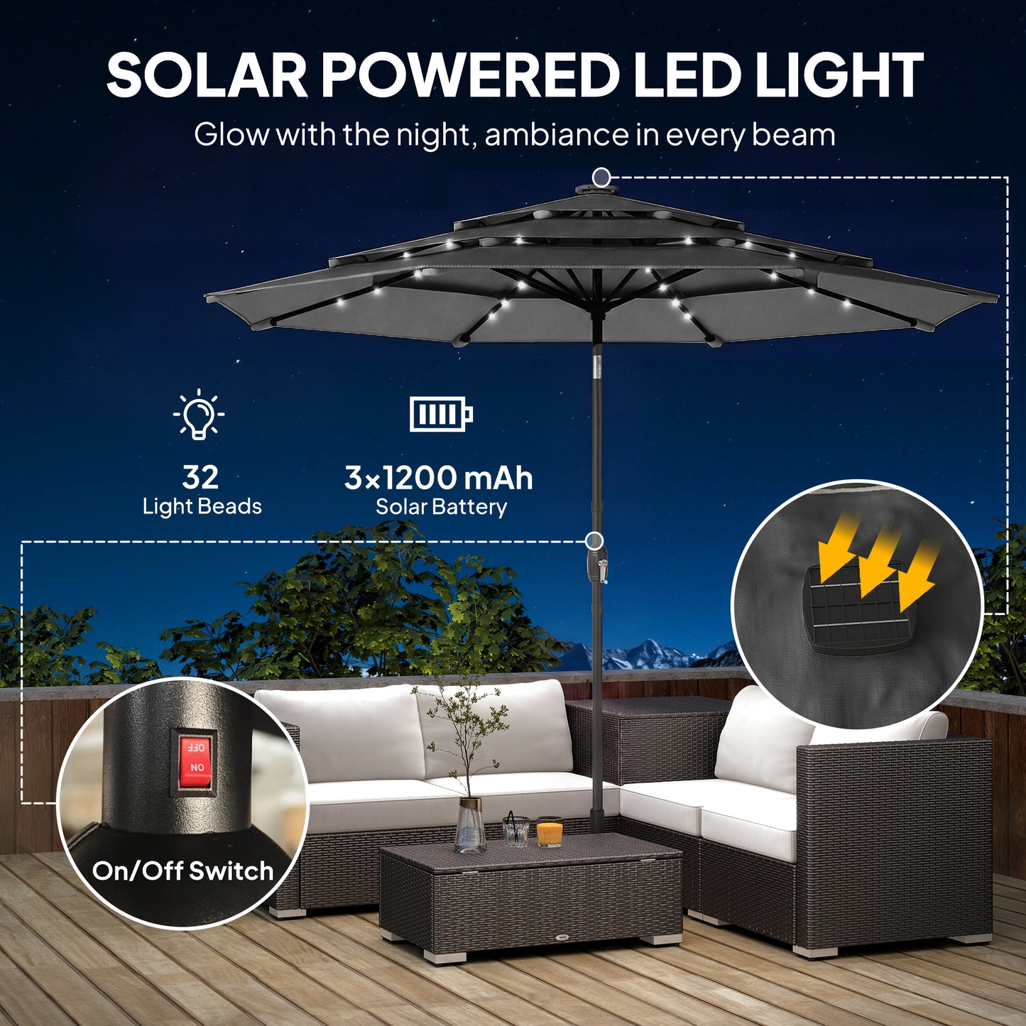 9.7 ft Outdoor Patio Umbrella with Solar LED Lights & Tilt