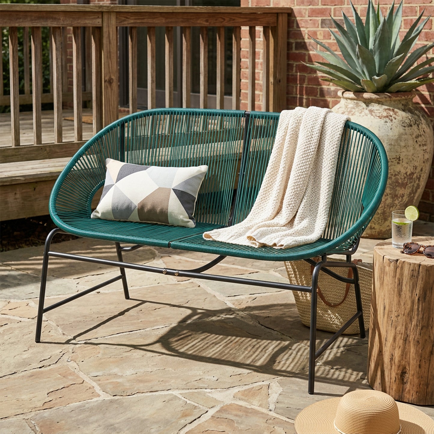 CONDESSA OUTDOOR PATIO WICKER LOVE SEAT, GREEN PE RATTAN & IRON