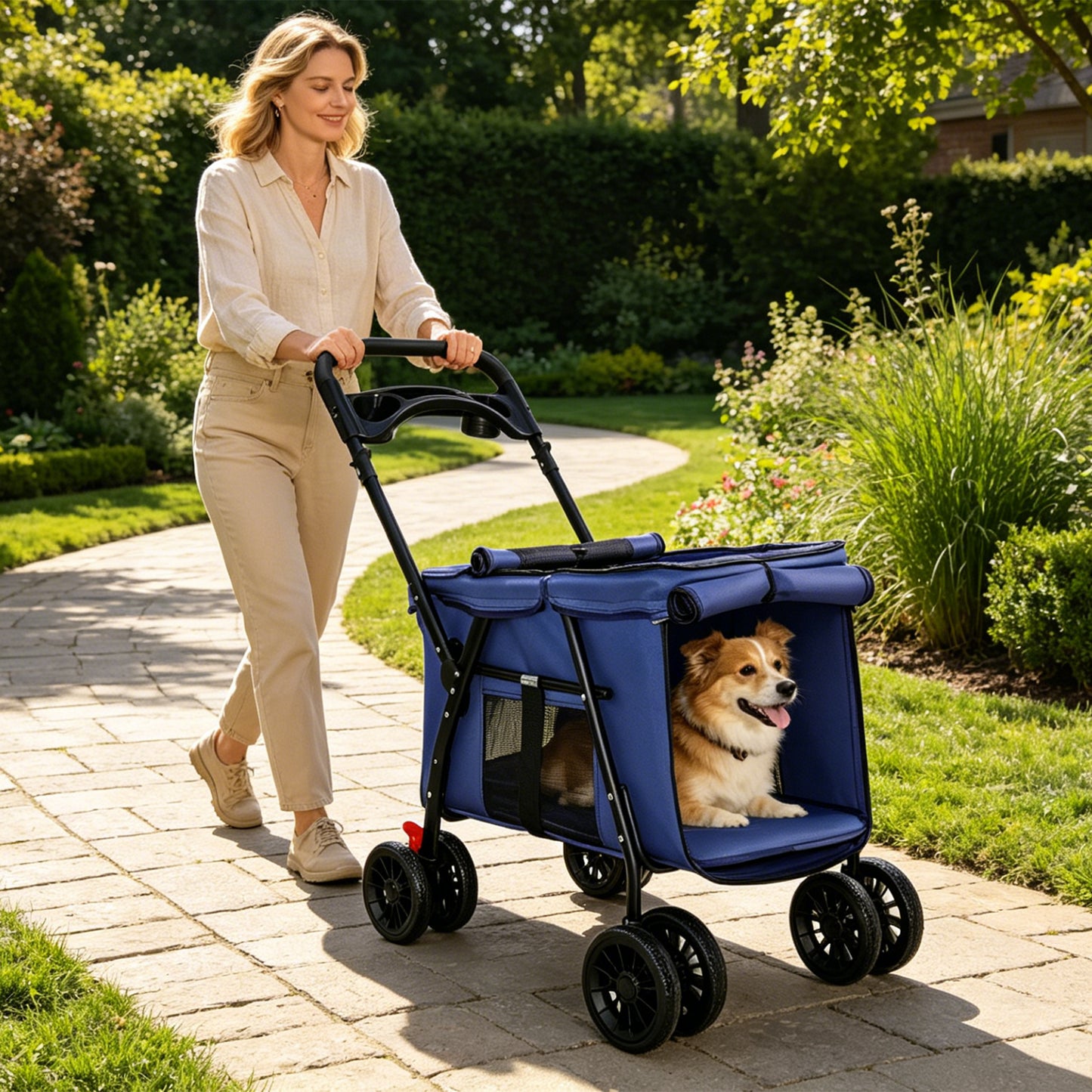 Foldable Pet Stroller with Breathable Mesh & Shockproof Wheels - Navy Blue
