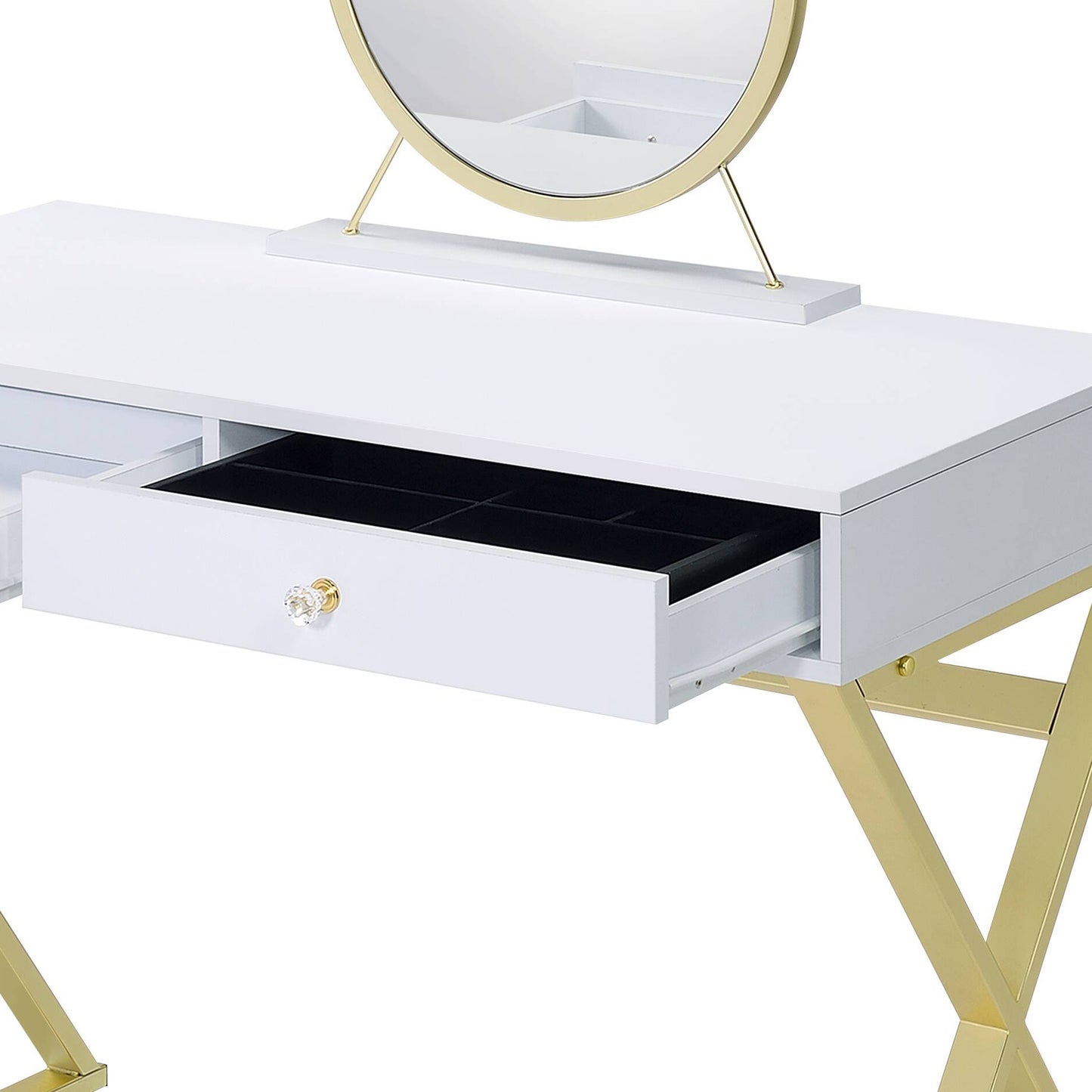 Gloss White & Gold Vanity Desk with Mirror & Jewelry Tray