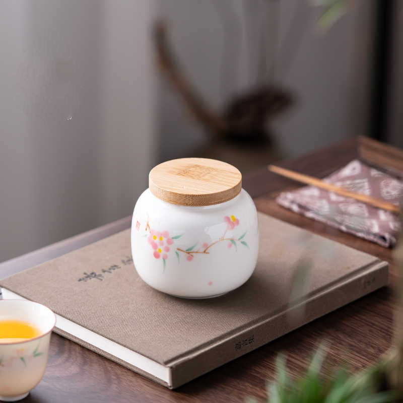 Hand Painted Peach Blossom Tea Jar Chinese Style Ceramic Storage Bottle