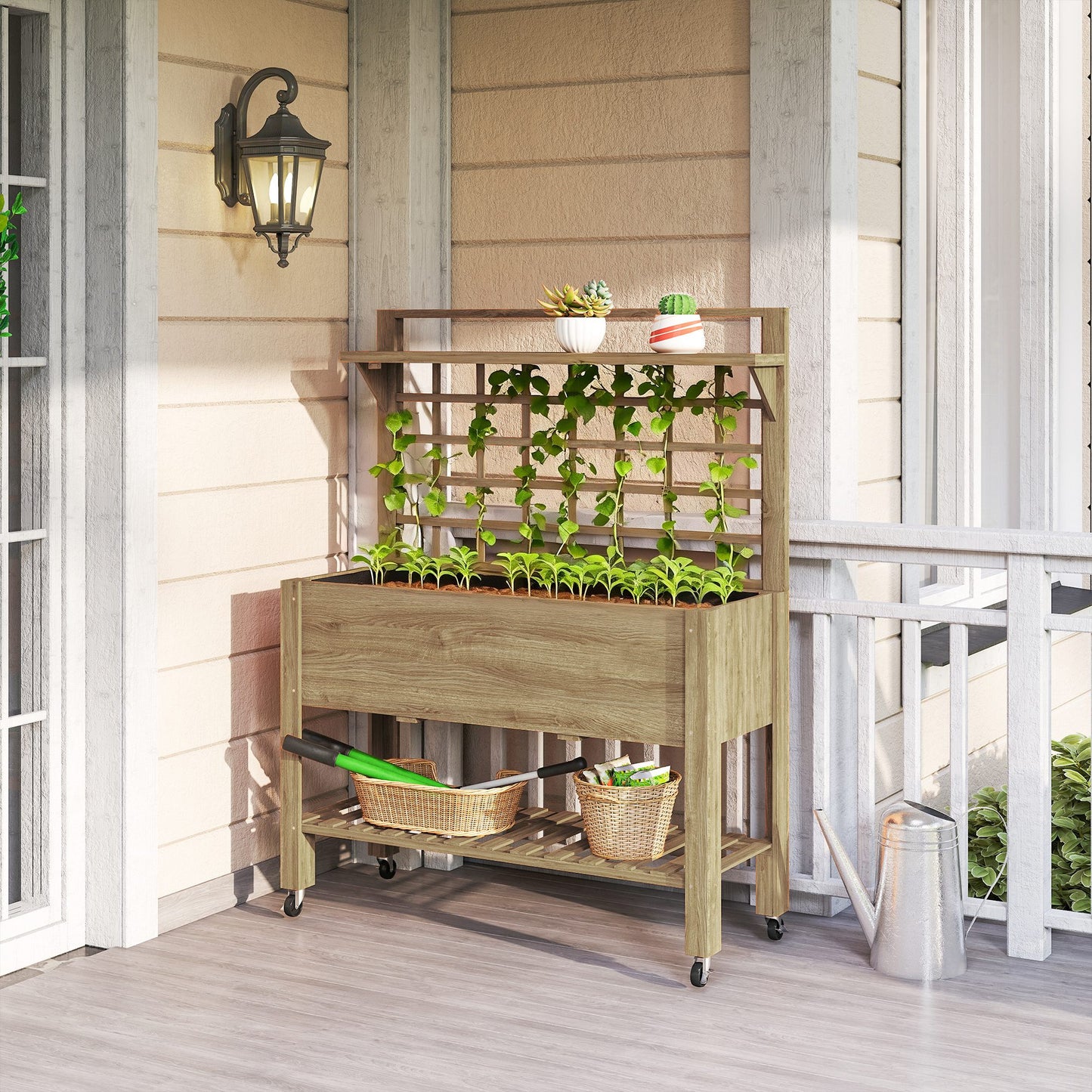 41-Inch Raised Garden Bed with Wheels, Wooden Planter Box, Trellis & Storage Shelf - Dark Brown