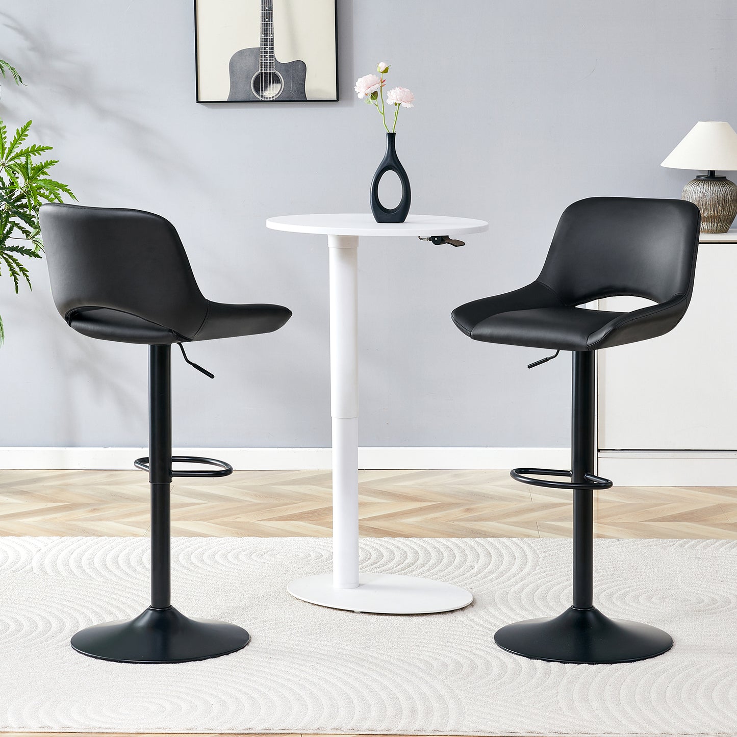 Modern Swivel Adjustable Bar Stools Set - 2 Pack, Black PU Material,