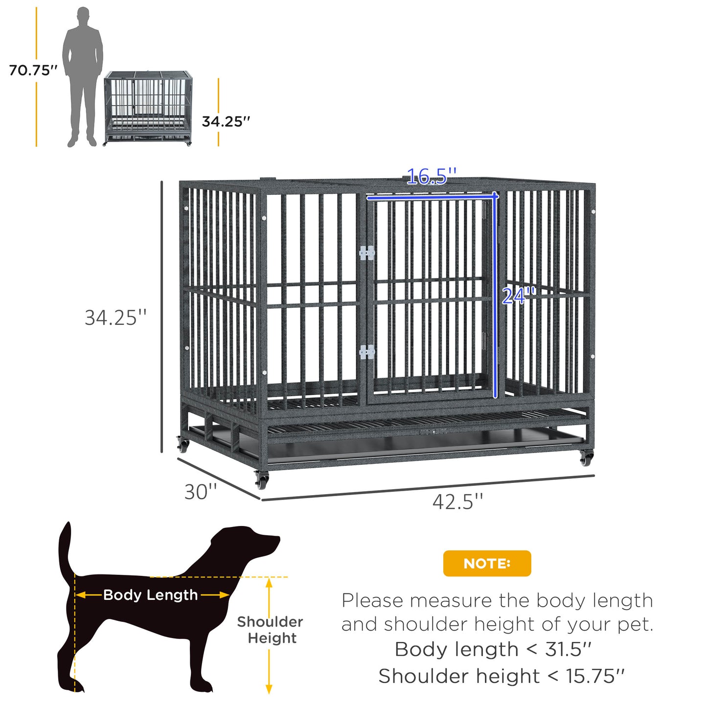 Heavy Duty Dog Crate Metal Cage with Lockable Wheels & Double Doors - 43 Inch Gray
