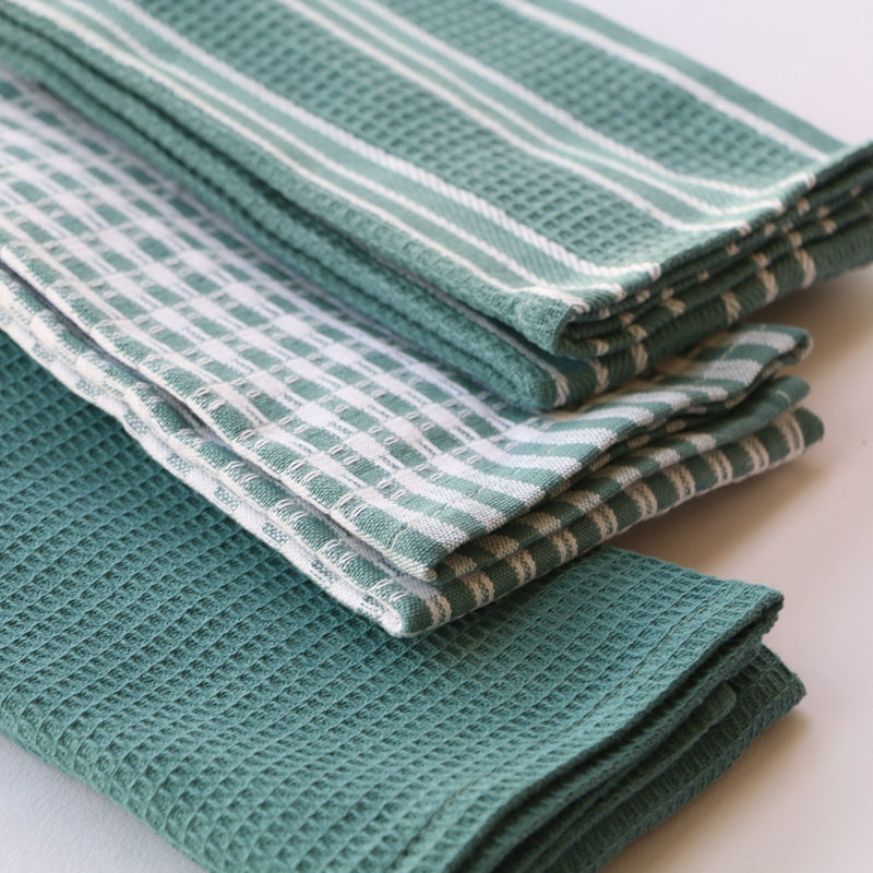 3-Pair Cotton Kitchen Towels Multi-Purpose Set — Green & Light Brown