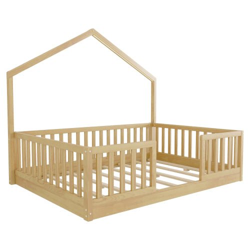 Full Montessori Floor Bed with High Rails & LED Light - Natural