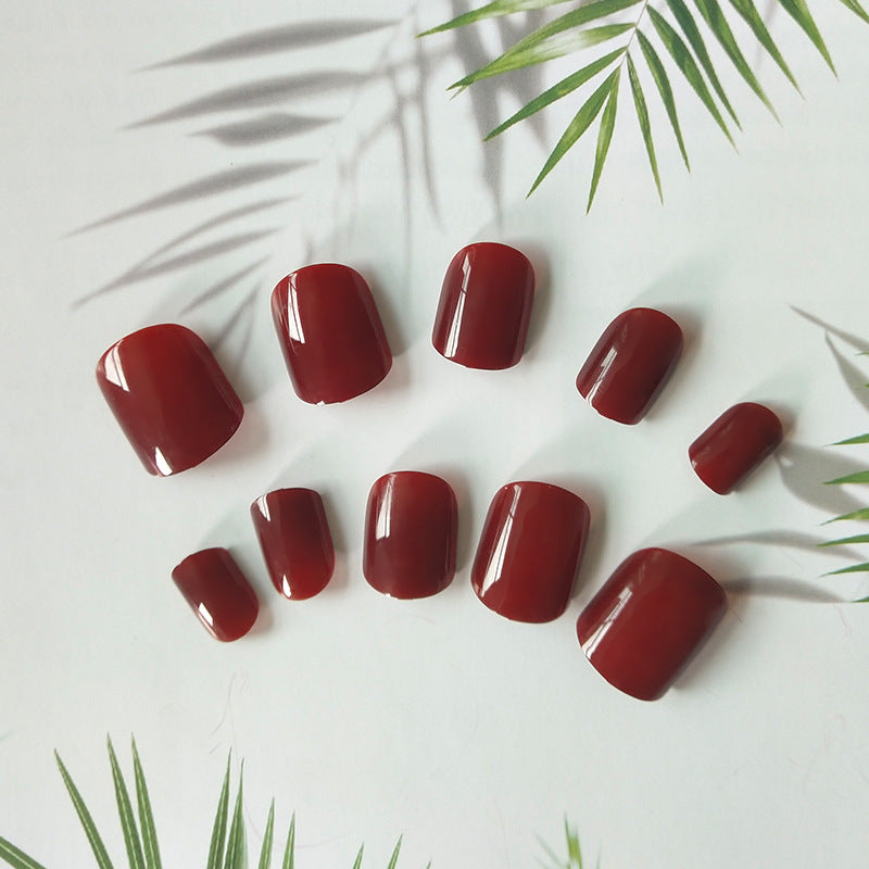 Fake Nail Stickers Set - Short Square Rose Red Sequin Nail Art for Parties & Daily Wear