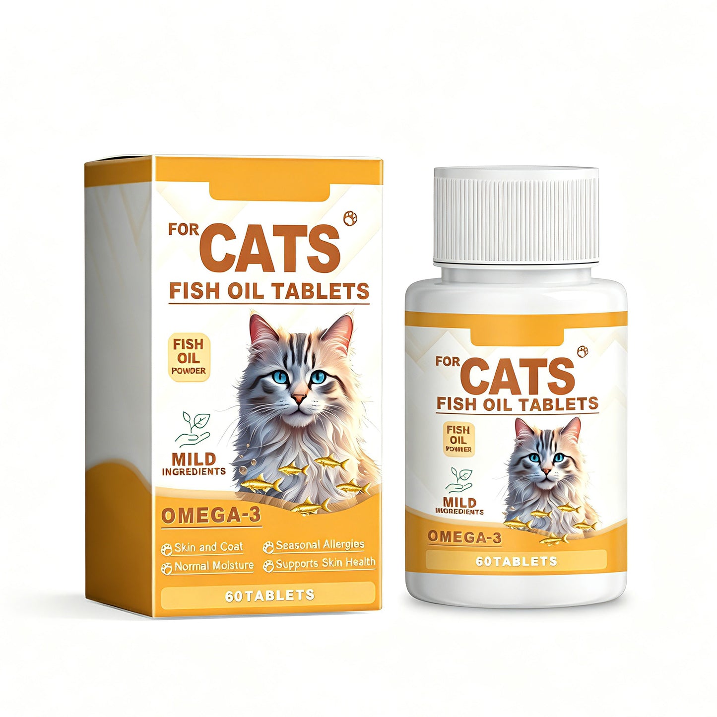Fish Oil Tablets for Cats - Multivitamin Skin & Coat Supplement, Supports Immune, Heart & Bone Health - 60 Chewable