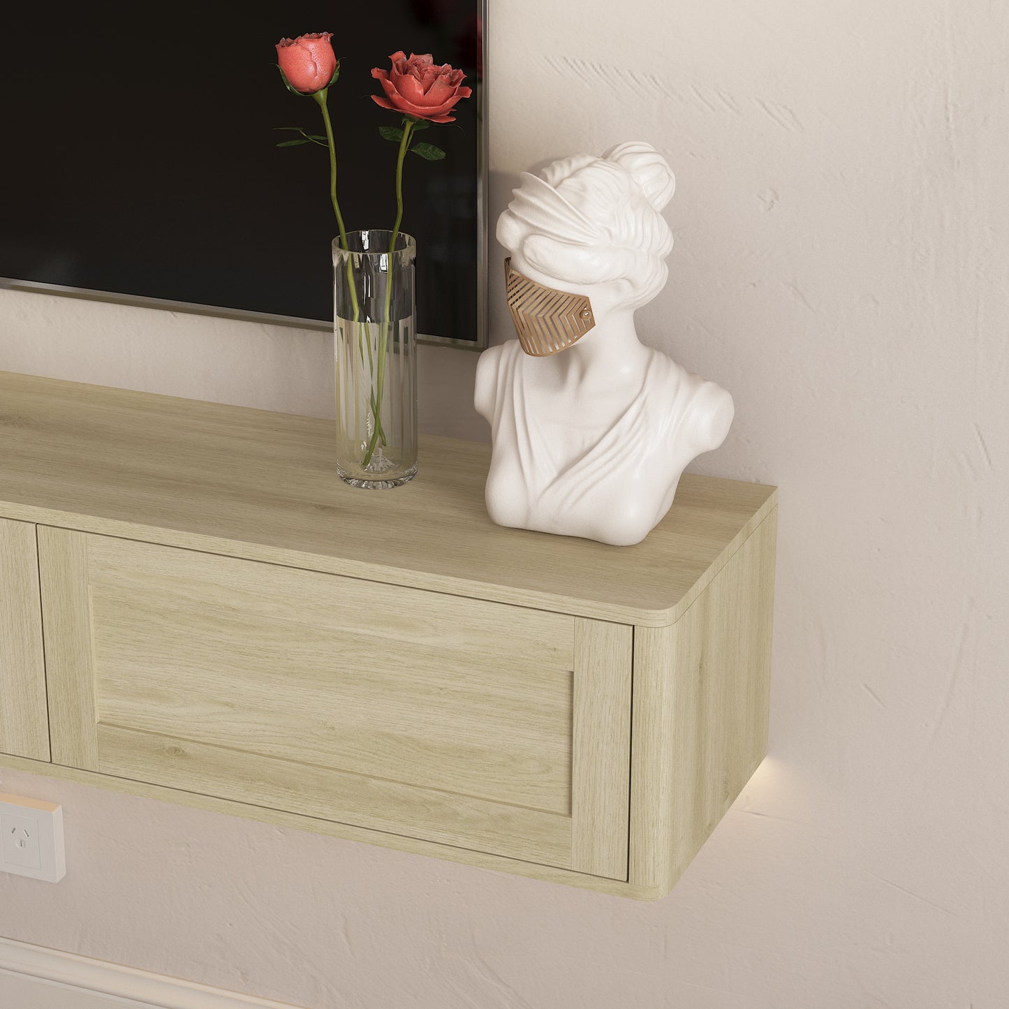 Floating TV Stand with LED Lights & Power Outlet - Wood
