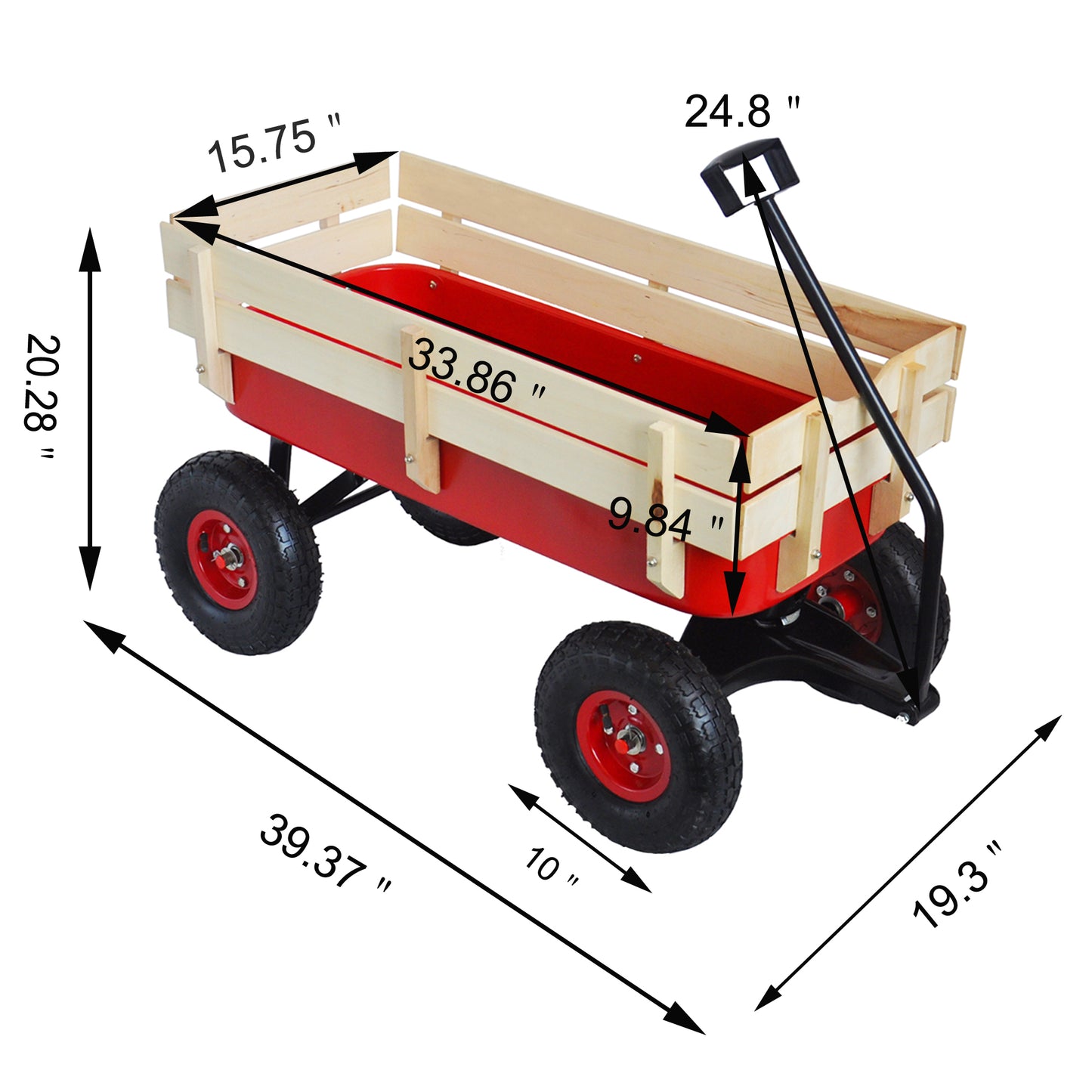 Garden Wagon with Wooden Side Panels and Pneumatic Tires - Heavy Duty Utility Cart