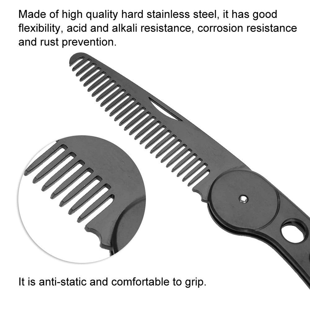 Stainless Steel Folding Beard Comb - Black